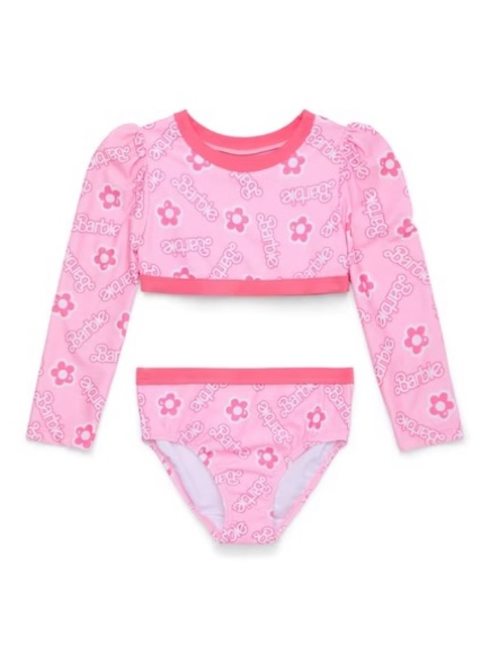 NWT Barbie Pink Floral Logo Long-Sleeve Two-Piece Swim Set